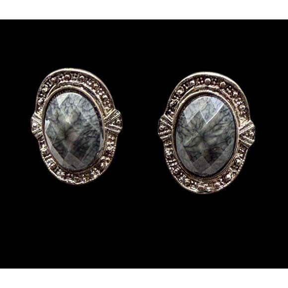 Vintage 80s Silver Blue Purple Faux Cabochon Tone Clip-On Earrings Lot 4 Pairs - Picture 8 of 13